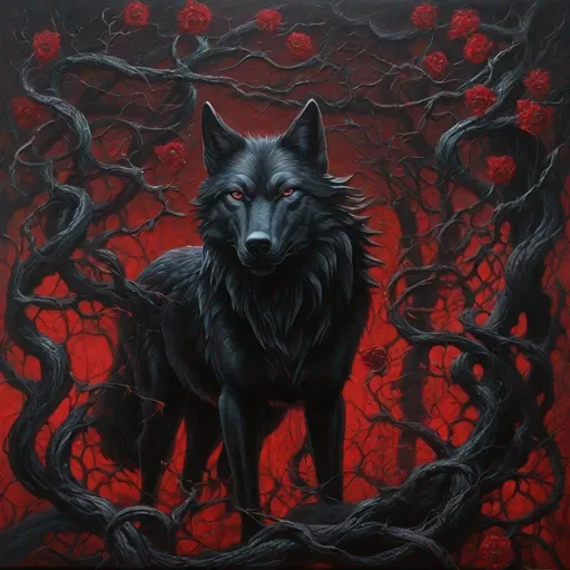 Prompt: wolf in black and scarlet red dark fantasy Oil painting lovecraftian horror overrun with Gothic botanical abominations, twisted trees rise, entwined with black vines, sinister flowers Oil painting 