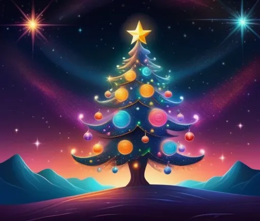 Prompt: Cosmic Christmas tree in fantasy style, vibrant and whimsical colors, intricate ornaments, glowing ethereal lights, starry night sky background, high quality, fantasy, cosmic, vibrant colors, intricate details, magical, whimsical, ethereal glow, starry night sky