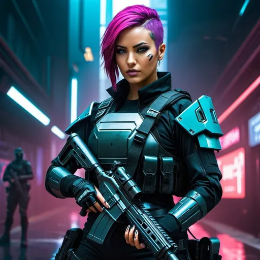 Prompt: cyberpunk futuristic omnipotent military  female soldier with gun