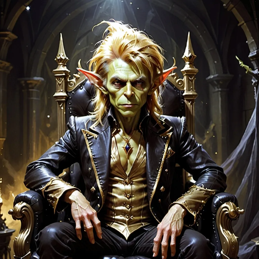 Prompt: goblin king sat on throne, make the theme black and gold and give the king an ethereal fae look. Style his face on david bowie