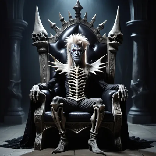 Prompt: goblin king in the style of david bowie  sat in a throne. The throne should be made of bones.  give it a dark fantasty inspired look