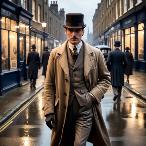 Prompt: a man walking down the street in a 1920s style long jacket and smart clothes.  It is victorian london and it is evening time.  a few passers by also are visible in the scene.  one 1920s car is also visible on the screne