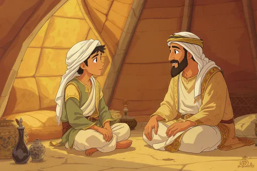 Prompt: "A teenage boy (around 13–15 years old) sitting next to his father inside a traditional Arabic tent, wearing ancient Arab clothes, listening attentively with a focused and respectful expression, warm natural light, detailed textures, cartoon-style illustration with soft outlines, expressive faces, and vibrant colors, continuation of the first scene."