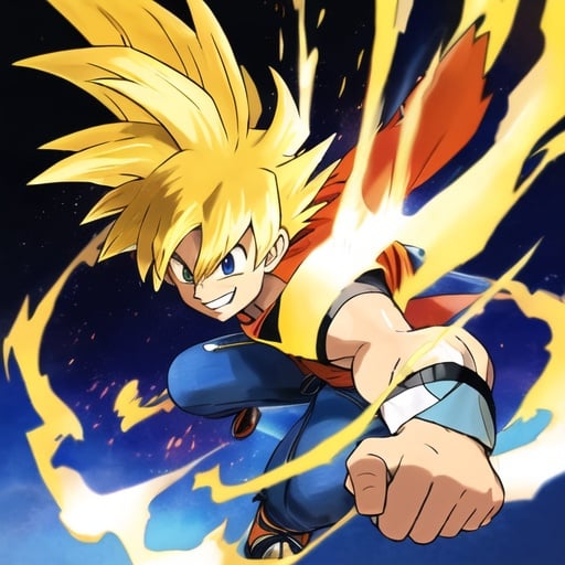 Prompt: Vivid, super detailed, full body, Full color, super attractive, Goku, Fighter, Gold hair, rough, serious, smiling, expressive blue eyes, perfect hands, torn shirt, torn pants, extremely detailed eyes, both eyes are the same, full body, serious face, middle hair