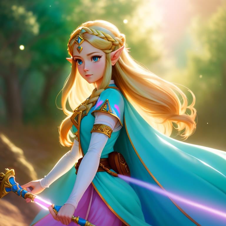 Prompt: Digital style painting, Princess Zelda, style of Pixar, Fragonard, highly-detailed, cinematic, washed out palette, soft pastel color palette, light trails, sunny day, translucent, iridescent, long hair, arms visible, perfect composition, hyperrealistic, super detailed, 8k, high quality, sharp focus, intricate details, highly detailed, dynamic lighting, detailed and intricate environment, highest quality