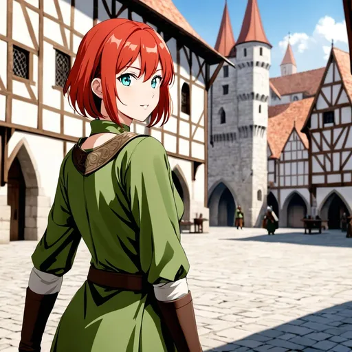 Prompt: Attractive female fighter in ready position with short red hair, in a medieval town square, Wearing an simple green tunic, blue eyes