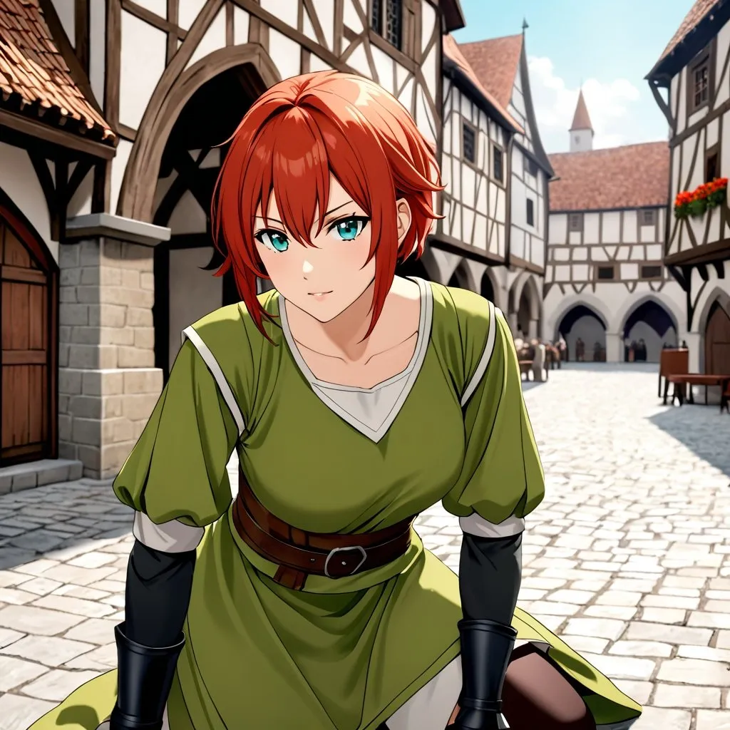 Prompt: Attractive female fighter in ready position with short red hair, in a medieval town square, Wearing an simple green tunic, blue eyes