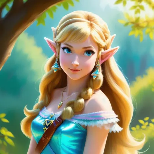 Prompt: Digital style painting, Princess Zelda, style of Pixar, Fragonard, highly-detailed, cinematic, washed out palette, soft pastel color palette, light trails, sunny day, translucent, iridescent, long hair, arms visible, perfect composition, hyperrealistic, super detailed, 8k, high quality, sharp focus, intricate details, highly detailed, dynamic lighting, detailed and intricate environment, highest quality