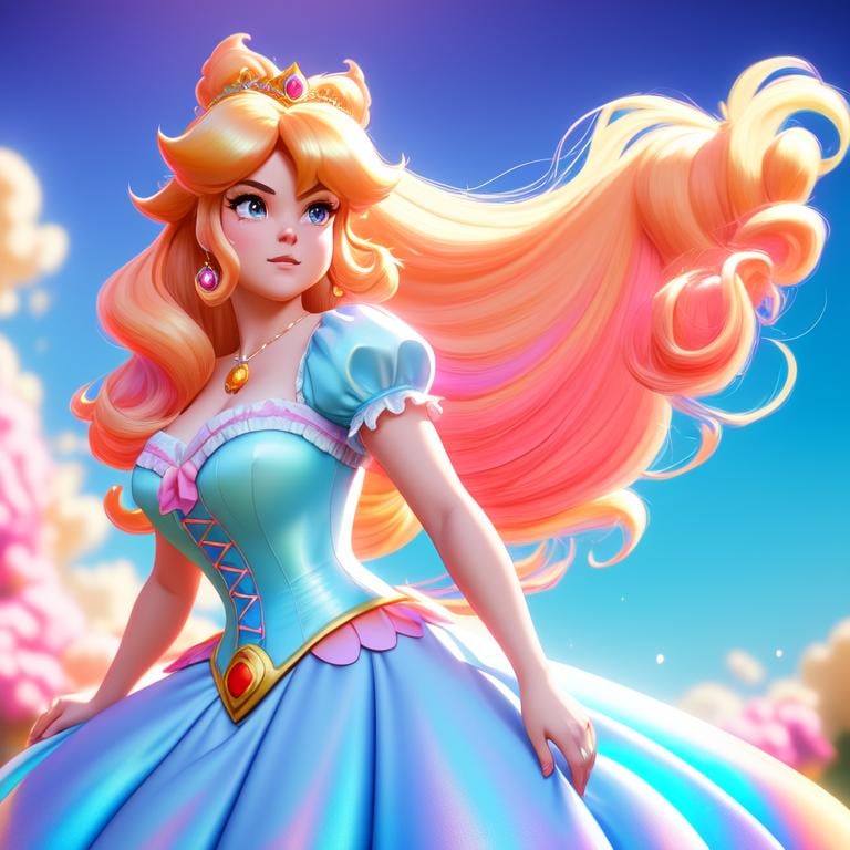 Prompt: Digital style painting, Jack Black as Princess Peach, style of Pixar, Fragonard, highly-detailed, cinematic, washed-out palette, soft pastel color palette, light trails, sunny day, translucent, iridescent, long hair, arms visible, perfect composition, hyperrealistic, super detailed, 8k, high quality, sharp focus, intricate details, highly detailed, dynamic lighting, detailed and intricate environment, highest quality