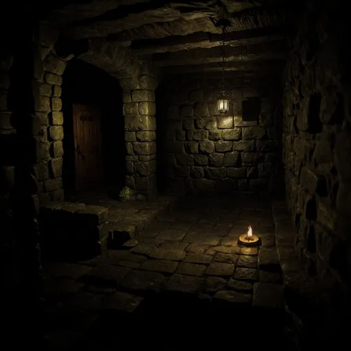 Prompt: A dimly lit stone room, Dungeon with moss on the walls, a torch hangs on the wall, its wet and damp, a camp fire in frame, eyes pier from the darkness, 