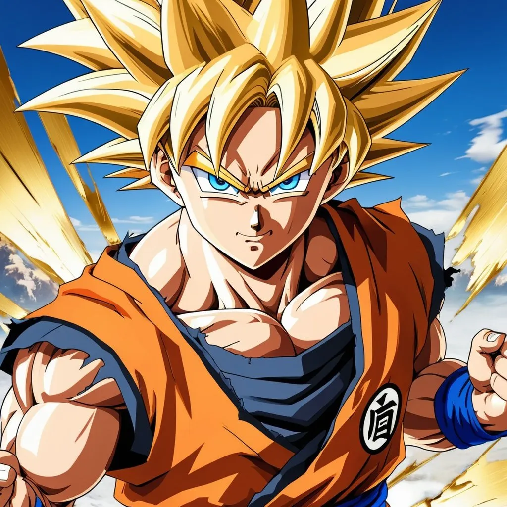 Prompt: Vivid, super detailed, full body, Full color, super attractive, Goku, Fighter, Gold hair, rough, serious, smiling, expressive blue eyes, perfect hands, torn shirt, torn pants, extremely detailed eyes, both eyes are the same, full body, serious face, middle hair