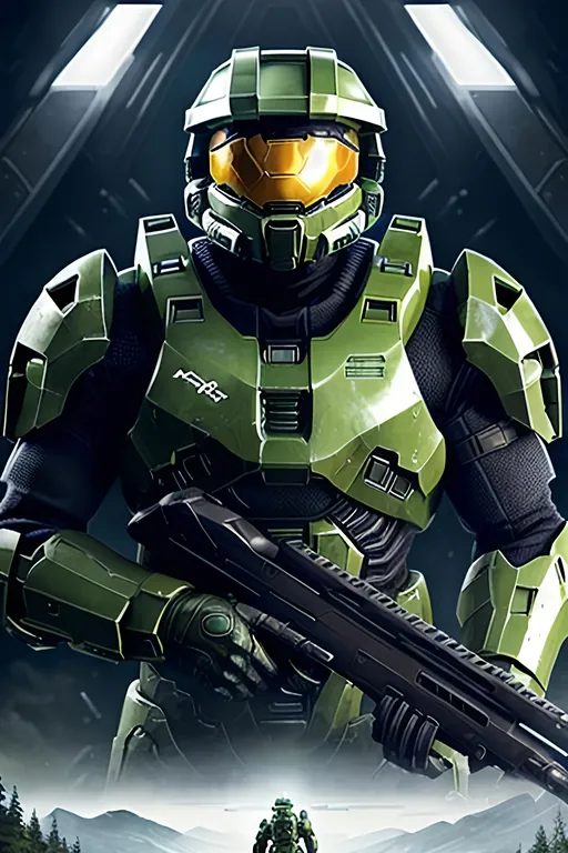 Prompt: [Master Chief] Halo Poster art, high-quality high-detail highly-detailed breathtaking hero ((by Aleksi Briclot and Stanley Artgerm Lau)), Alien Battle, Explosions, UHD, full form detailed carbon fiber Dark Green mech suit, detailed forest wilderness setting, full form, epic, 8k HD, ice, sharp focus, ultra realistic clarity. Hyper realistic, Detailed face, portrait, realistic, close to perfection, more black in the Armour, full body, high quality cell shaded illustration, ((full body)), 