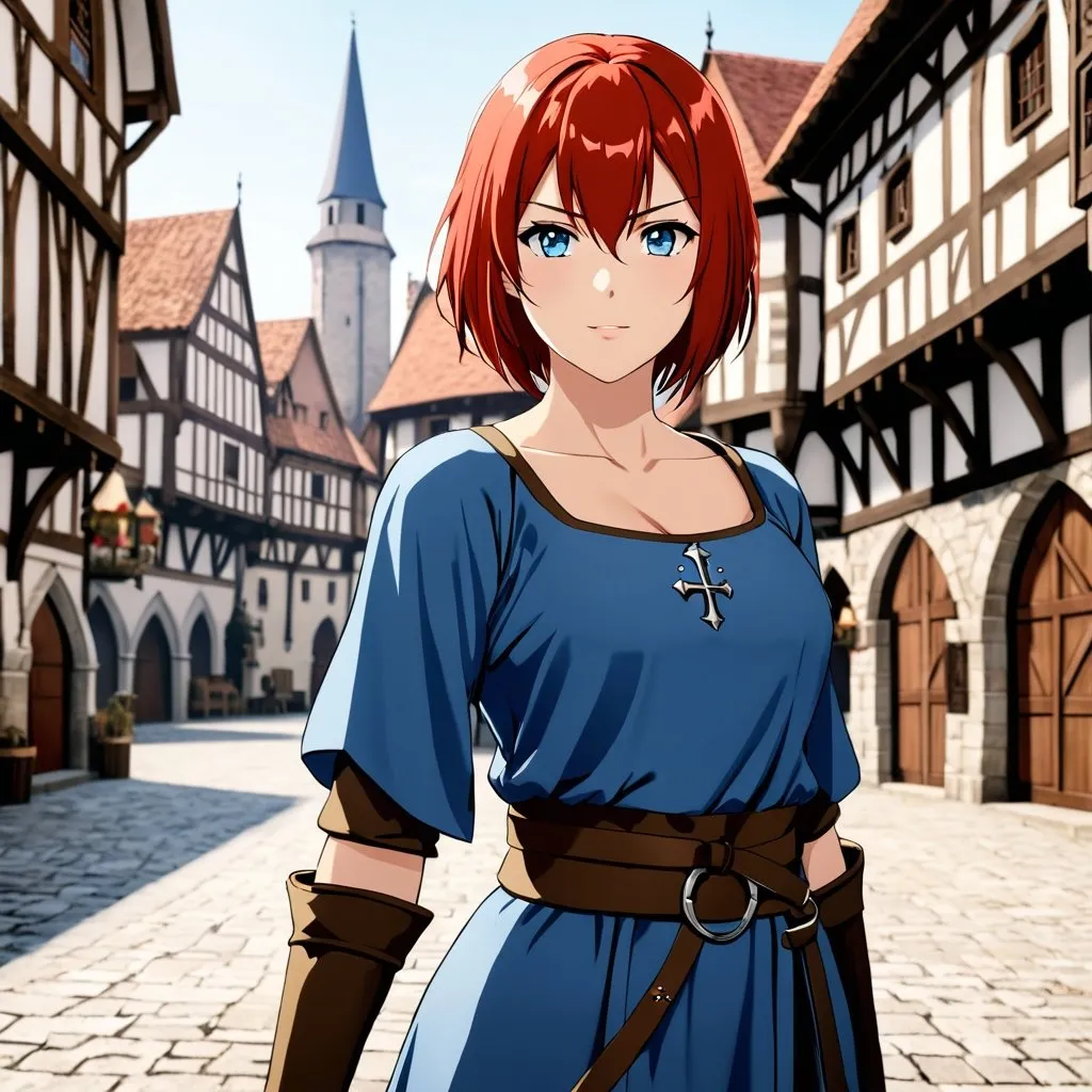 Prompt: Attractive female fighter in ready position with short red hair, in a medieval town square, Wearing an simple tunic, blue eyes