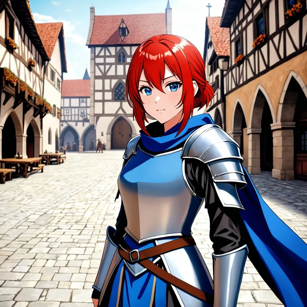 Prompt: Attractive female fighter in ready position with short red hair, in a medieval town square, Wearing an armored tunic, blue eyes