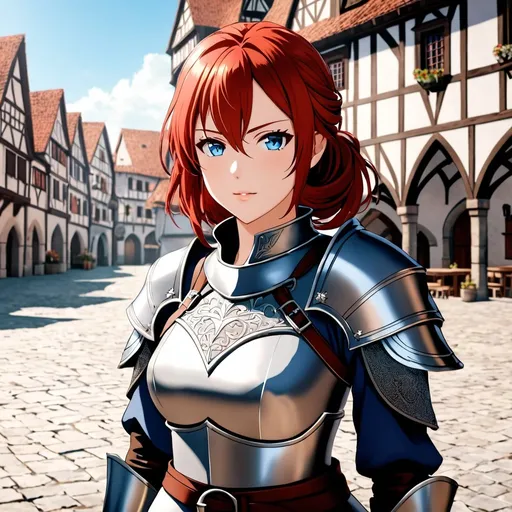 Prompt: Attractive female fighter in ready position with short wavy red hair, in a medieval town square, blue eyes