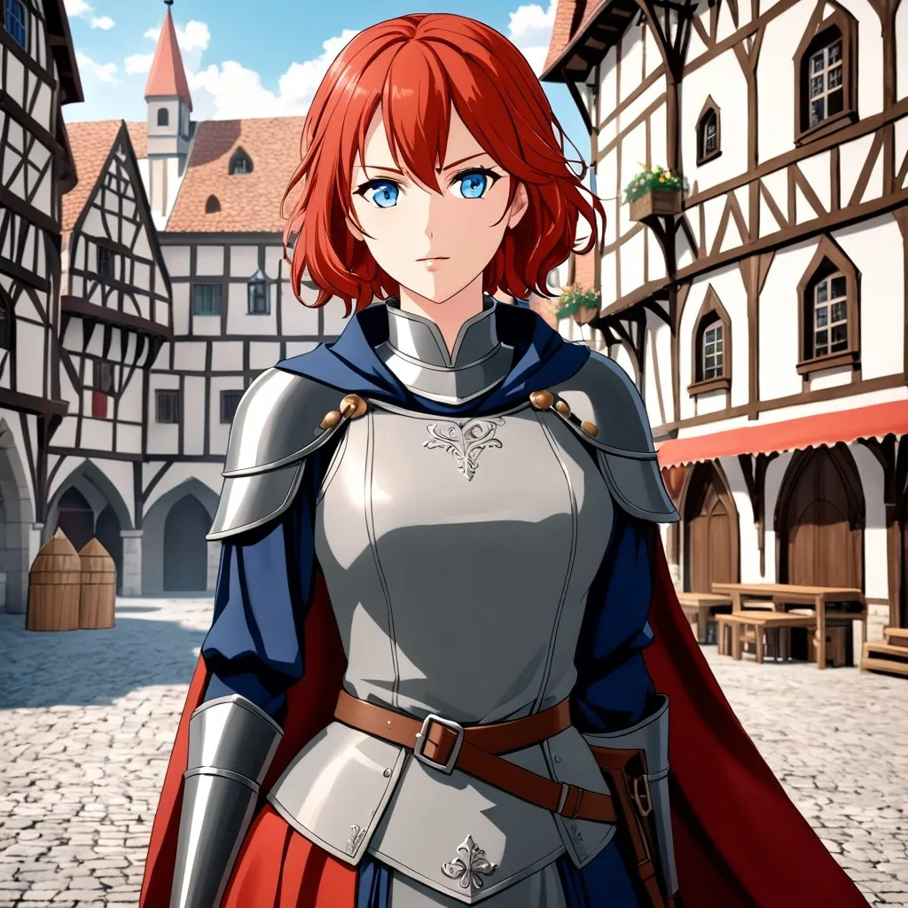 Prompt: Attractive noble female, ready to fight, with short wavy red hair, in a medieval town square, blue eyes, 