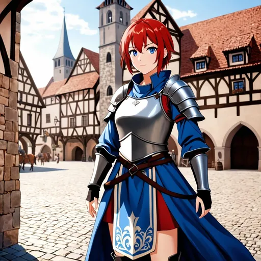 Prompt: Attractive female fighter in ready position with short red hair, in a medieval town square, Wearing an armored tunic, blue eyes