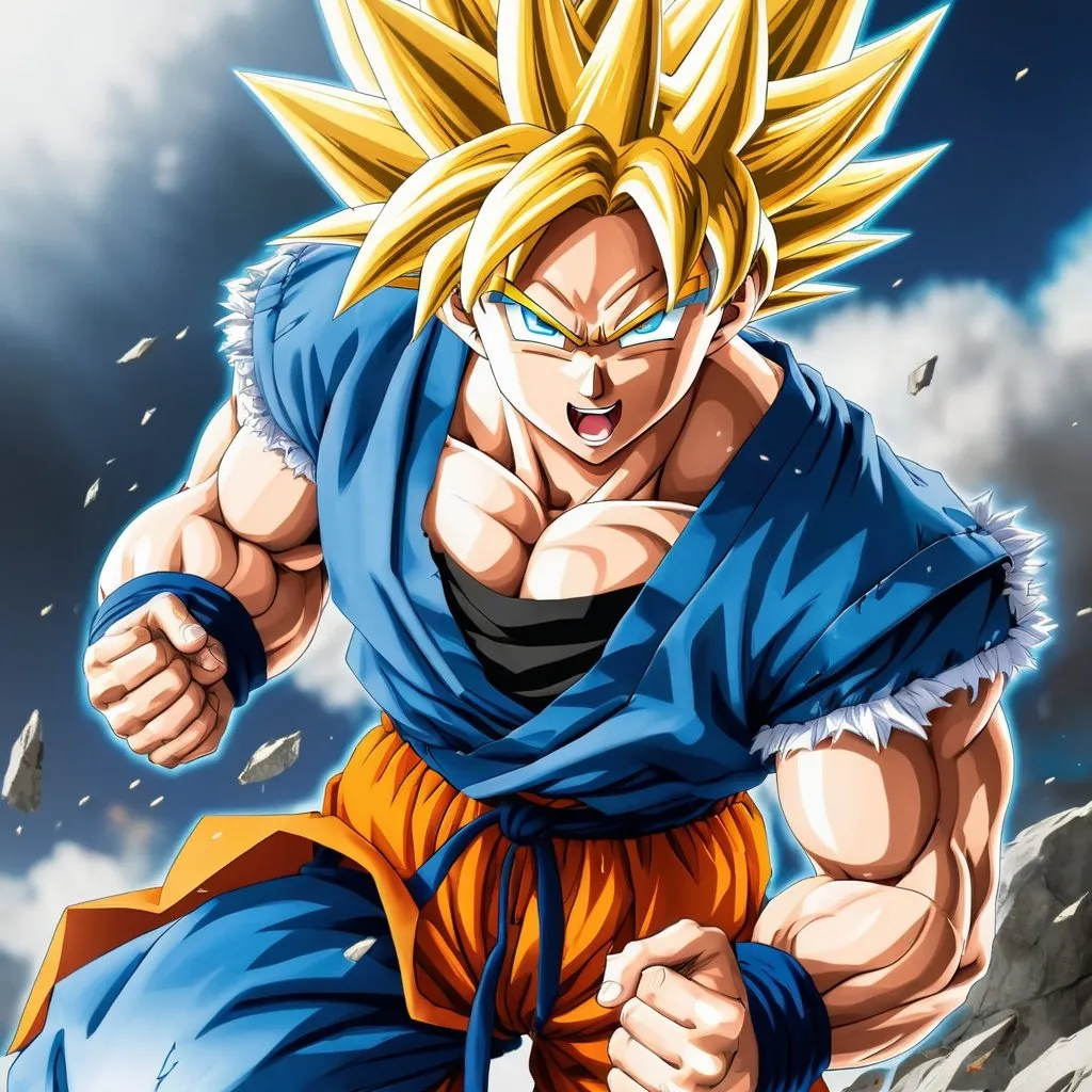 Prompt: Vivid, super detailed, full body, Full color, super attractive, Goku, Fighter, Gold hair, rough, serious, smiling, expressive blue eyes, perfect hands, torn shirt, torn pants, extremely detailed eyes, both eyes are the same, full body, serious face, middle hair