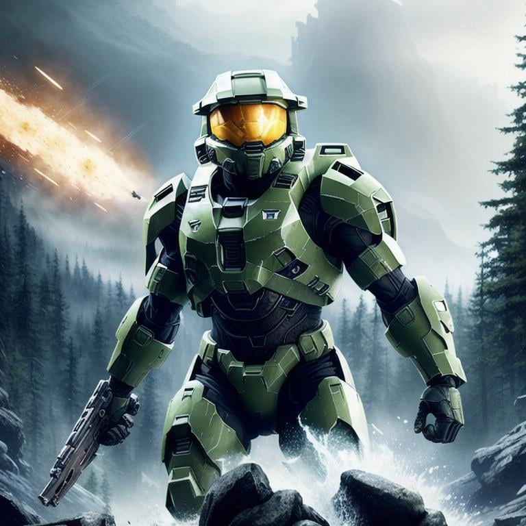 Prompt: [Master Chief] Halo Poster art, high-quality high-detail highly-detailed breathtaking hero ((by Aleksi Briclot and Stanley Artgerm Lau)), Profile Shot, Alien Battle, Explosions, UHD, full form detailed carbon fiber Dark Green mech suit, detailed forest wilderness setting, full form, epic, 8k HD, ice, sharp focus, ultra realistic clarity. Hyper realistic, Detailed face, portrait, realistic, close to perfection, more black in the Armour, full body, high quality cell shaded illustration, ((full body)), 