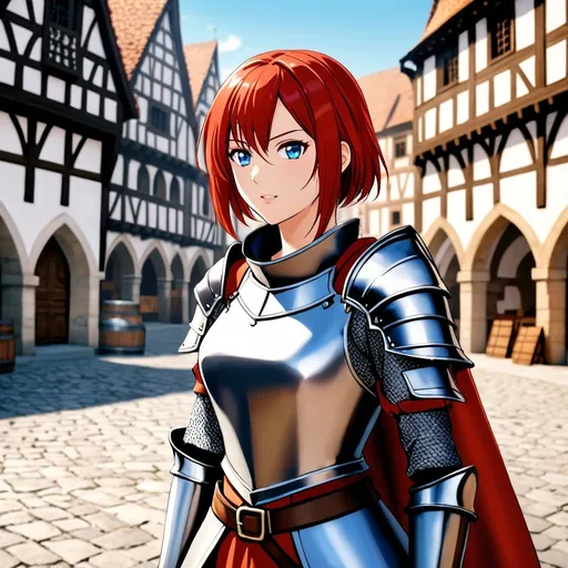 Prompt: Attractive female fighter in ready position with short red hair, in a medieval town square, Wearing an armored tunic, blue eyes