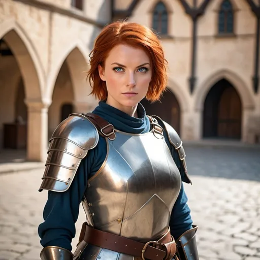 Prompt: Attractive female fighter in ready position with short red hair, in a medieval town square, Wearing an armored tunic, blue eyes