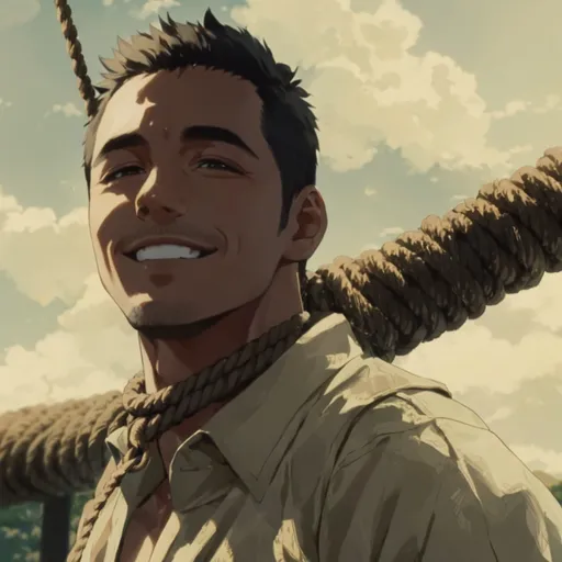 Prompt: Anime man, with a noose around his neck, smiling, kind smile,