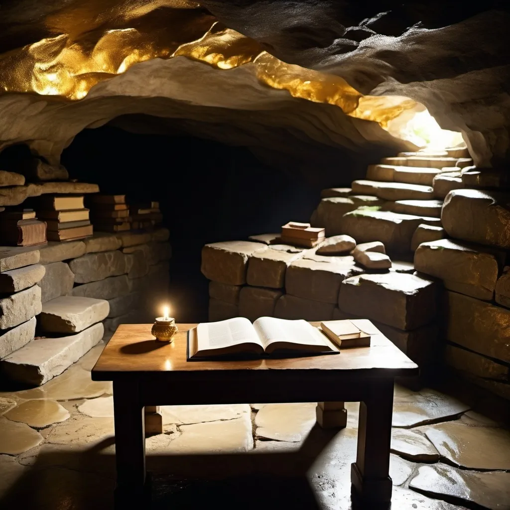 Prompt: A dimly lit stone cave, its wet and damp, a wooden table in the center of the room, a gold plated book on top of the table, heavenly light shines down to the table,