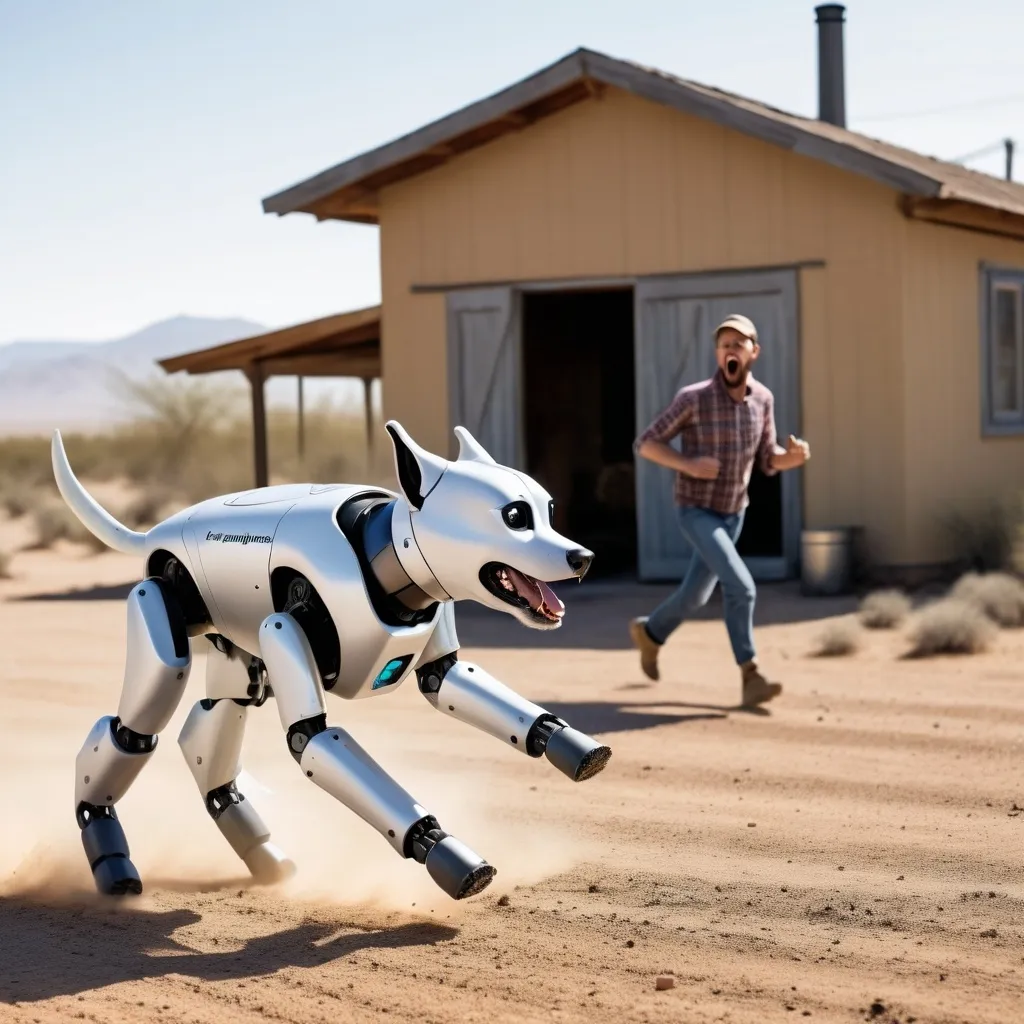 Prompt: [Boston Dynamics] Robot dog running away from a farmers house, human farmer yelling, human farmer in foreground, in the desert,