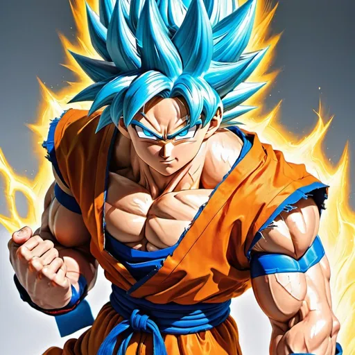 Prompt: Vivid, super detailed, full body, Full color, super attractive, Goku, Fighter, Gold hair, rough, serious, smiling, expressive blue eyes, perfect hands, torn shirt, torn pants, extremely detailed eyes, both eyes are the same, full body, serious face, middle hair