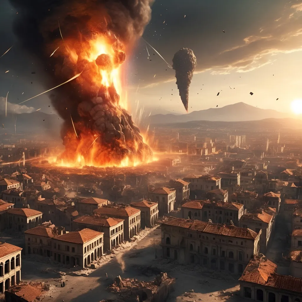 Prompt: Ancient city being destroyed with fire and meteors, High quality, HD, 