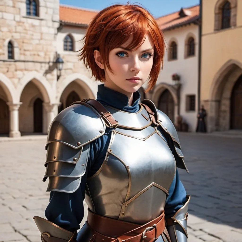 Prompt: Anime, Attractive female fighter in ready position with short red hair, in a medieval town square, Wearing an armored tunic, blue eyes