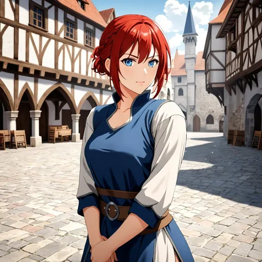 Prompt: Attractive female fighter in ready position with short red hair, in a medieval town square, Wearing an simple tunic, blue eyes