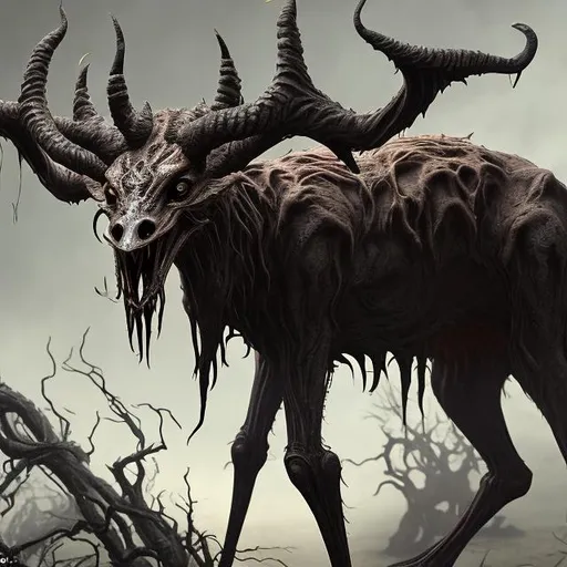 Prompt: an anomalous entity with a nightmarish composition. Its four arms terminate in razor-sharp claws, while kudu-like horns adorn its head, framing unsettling amber eyes. The creature's body undulates in a serpentine manner, creating an eerie silhouette, and it possesses four ostrich-like legs, it's skin is characterized by a black, slimy, and scaly texture, accentuated by bright neon yellow blotches, emitting an otherworldly glow in low-light environments. The creature's fangs are particularly menacing, dripping with a venom of unknown origin.