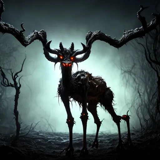 Prompt: an anomalous entity with a nightmarish composition. Its four arms terminate in razor-sharp claws, while kudu-like horns adorn its head, framing unsettling amber eyes. The creature's body undulates in a serpentine manner, creating an eerie silhouette, and it possesses four ostrich-like legs, it's skin is characterized by a black, slimy, and scaly texture, accentuated by bright neon yellow blotches, emitting an otherworldly glow in low-light environments. The creature's fangs are particularly menacing, dripping with a venom of unknown origin.