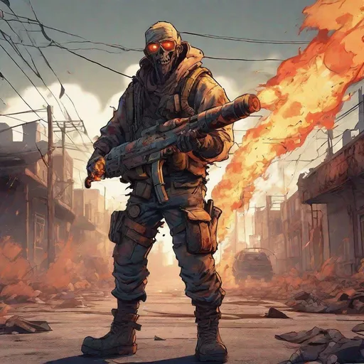 Prompt: Animation style, apocalyptic warrior with flamethrower, deserted street, zombie fight, intense action, detailed character design, post-apocalyptic setting, dynamic composition, high quality, anime, apocalypse, flamethrower, abandoned street, intense action, detailed character, post-apocalyptic, dynamic composition, vibrant colors, dramatic lighting