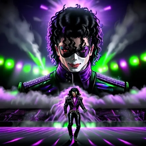 Prompt: GTA-style illustration, (Michael Jackson performing in stadium), dynamic monsters filling the stadium, (purple fog) swirling dramatically, vibrant pyrotechnics exploding in (green and red), (laser lights) piercing through the fog, high-energy atmosphere, surreal setting, detailed character, psychedelic color palette, dramatic lighting, epic game vibe, ultra-detailed.