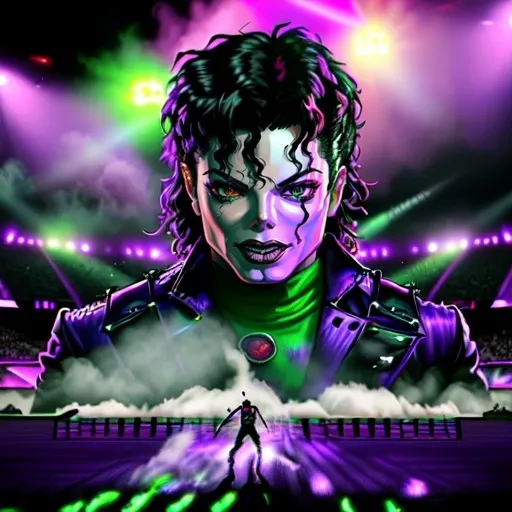 Prompt: GTA-style illustration, (Michael Jackson performing in stadium), dynamic monsters filling the stadium, (purple fog) swirling dramatically, vibrant pyrotechnics exploding in (green and red), (laser lights) piercing through the fog, high-energy atmosphere, surreal setting, detailed character, psychedelic color palette, dramatic lighting, epic game vibe, ultra-detailed.