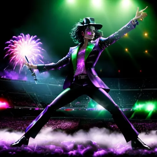 Prompt: (michael jackson performing in stadium), monsters fill the stadium, (purple fog) swirling around, vibrant pyrotechnics exploding in (green and red), (lazer lights) piercing through the fog, gently illuminating his feet, luxurious advertisement style, captivating atmosphere, high-energy performance, (dramatic lighting), ultra-detailed, high quality, electrifying ambiance, visually stunning scene