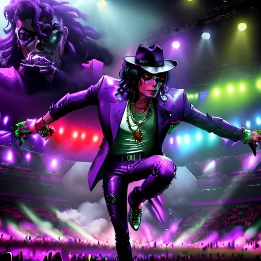 Prompt: GTA-style illustration, (Michael Jackson performing in stadium), dynamic monsters filling the stadium, (purple fog) swirling dramatically, vibrant pyrotechnics exploding in (green and red), (laser lights) piercing through the fog, high-energy atmosphere, surreal setting, detailed character, psychedelic color palette, dramatic lighting, epic game vibe, ultra-detailed.