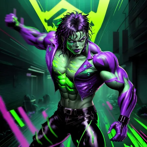 Prompt: (muscular figure), (dynamic action pose), Michael Jackson-inspired character, vivid neon accents, cyberpunk clothing, vibrant colors, glowing green lasers, swirling purple fog, dripping green slime, high contrast lighting, (comic book style), intense atmosphere, energetic vibe, action-packed scene, ultra-detailed, 4K quality, trendsetting aesthetics, cinematic depth.