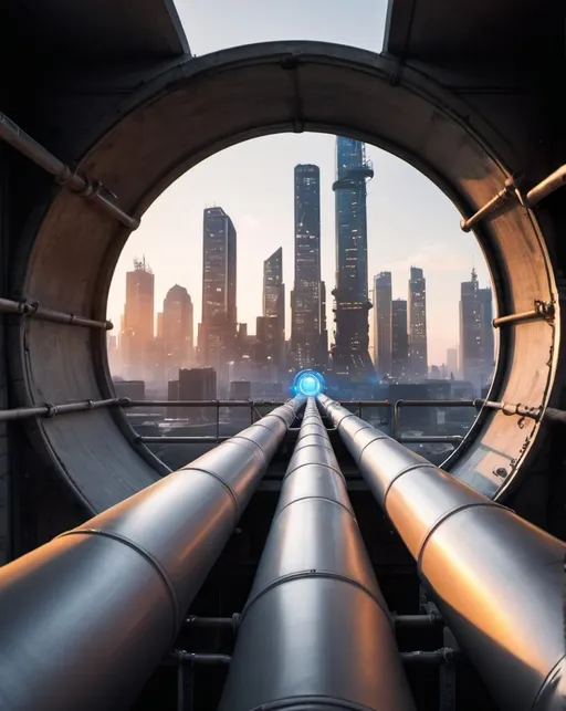 Prompt: An inside view of a gas pipe with a background of a futuristic city