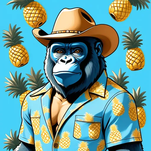 Prompt: Draw a cartoon light blue  gorilla with a blue with pineapples on the Hawaiian shirt, and a tan cowboy hat.