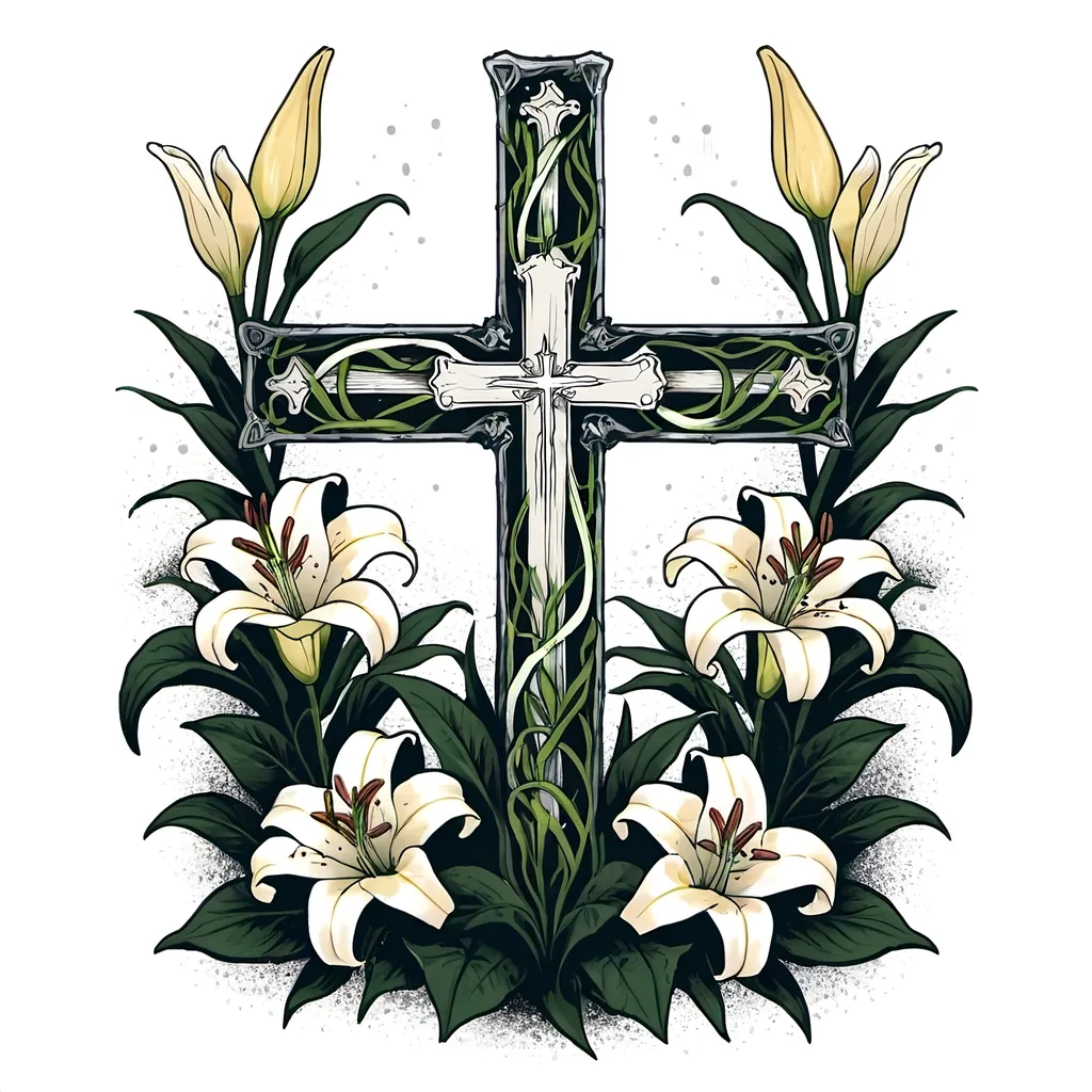 Prompt: Illustrated T-shirt design of a cross with lillies inside of it