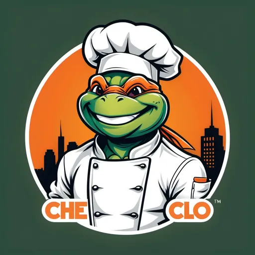 Prompt: creat a vector logo that represent a close up ninja turtle as a chef who smile and wears white chef suit with the name "chefanello" with an artistic shaded orange circle behind him   