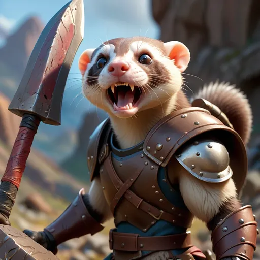 Prompt: humanoid ferret in (detailed armor), wielding a (broad axe) and (sturdy shield), featuring a noticeable (eye scar), fierce expression, and dynamic pose, set against a dramatic battlefield backdrop, (highly detailed) with engaging shadows and vibrant colors, capturing the essence of adventure and strength, (4K ultra-detailed) quality image.