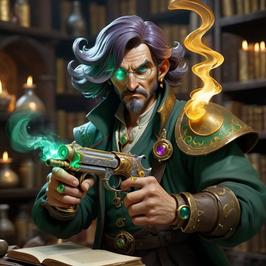 Prompt: Human Alchemist wirh Pistol, a masterfully crafted alchemical weapon imbued with swirling colors of smoky gold and deep emerald, set against a backdrop of ancient tomes and bubbling potions, intricate metallic detailing, dramatic shadows creating an aura of mystery, high quality, ultra-detailed, capturing the essence of arcane knowledge and skilled craftsmanship.