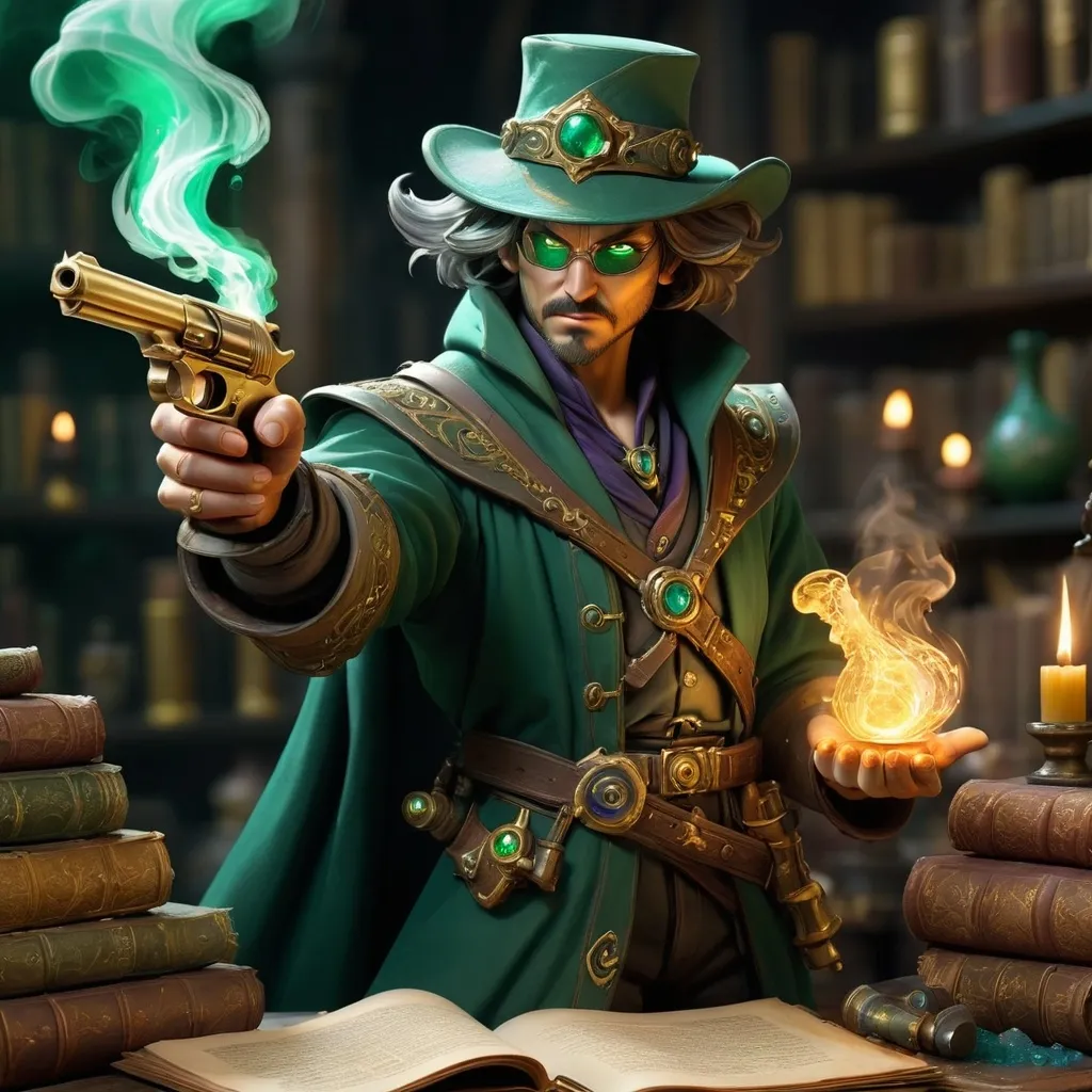 Prompt: Human Alchemist wirh Pistol, a masterfully crafted alchemical weapon imbued with swirling colors of smoky gold and deep emerald, set against a backdrop of ancient tomes and bubbling potions, intricate metallic detailing, dramatic shadows creating an aura of mystery, high quality, ultra-detailed, capturing the essence of arcane knowledge and skilled craftsmanship.