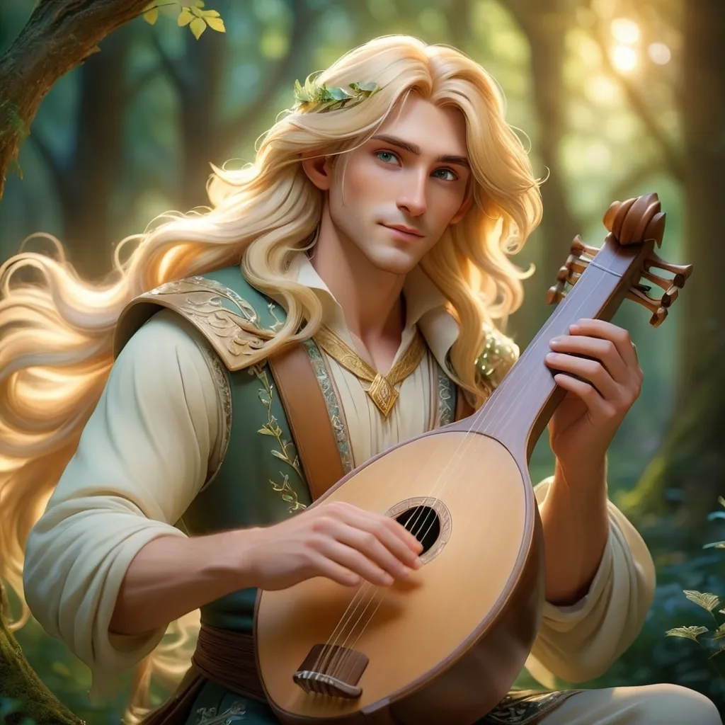 Prompt: Aasimir bard holding a lyre, ethereal aura, captivating expression, flowing blonde hair gleaming in soft light, wearing embellished attire that reflects artistry and charm, enchanted forest background with shimmering foliage, serene ambiance, hints of magical elements, harmonious and uplifting atmosphere, high detail, 4K. Male