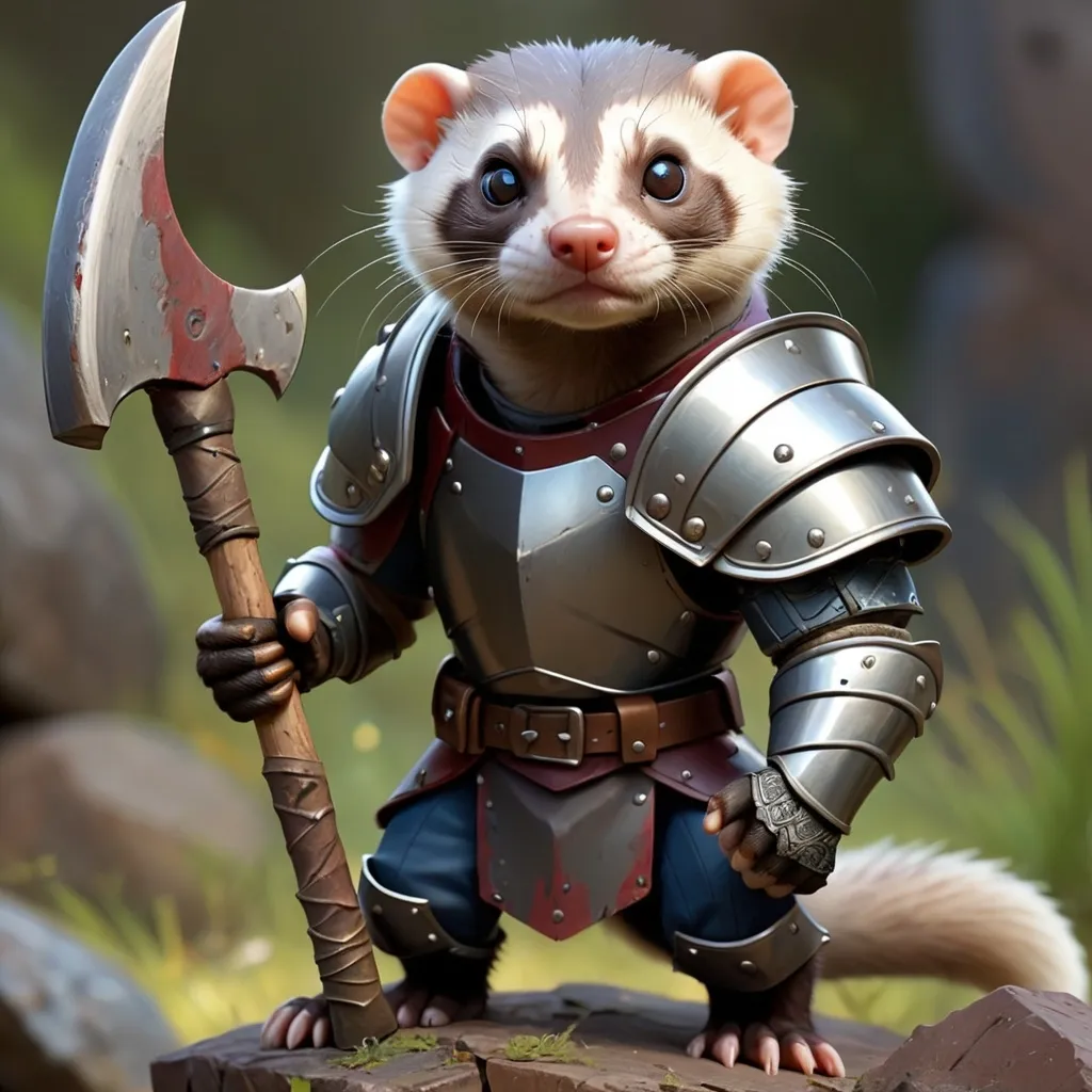 Prompt: humanoid ferret in (detailed armor), wielding a (broad axe) and (sturdy shield), featuring a noticeable (eye scar),  Veteran, Wounded