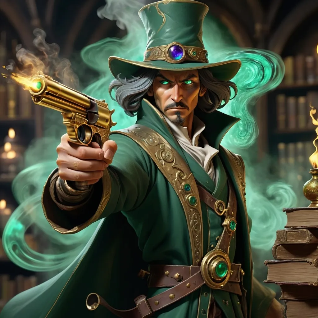 Prompt: Human Alchemist wirh Pistol, a masterfully crafted alchemical weapon imbued with swirling colors of smoky gold and deep emerald, set against a backdrop of ancient tomes and bubbling potions, intricate metallic detailing, dramatic shadows creating an aura of mystery, high quality, ultra-detailed, capturing the essence of arcane knowledge and skilled craftsmanship.